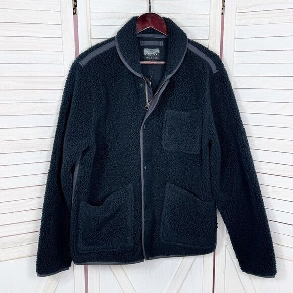 J. Crew Nordic Sherpa Fleece Shawl Collar Jacket Navy Blue Large Zip Snap - Picture 1 of 10